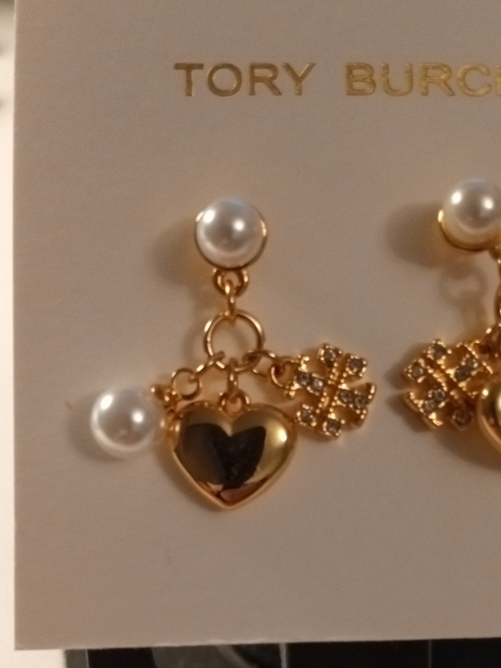 Tory Burch Gold Heart and Pearl Charm Drop Earrings - Picture 4 of 6